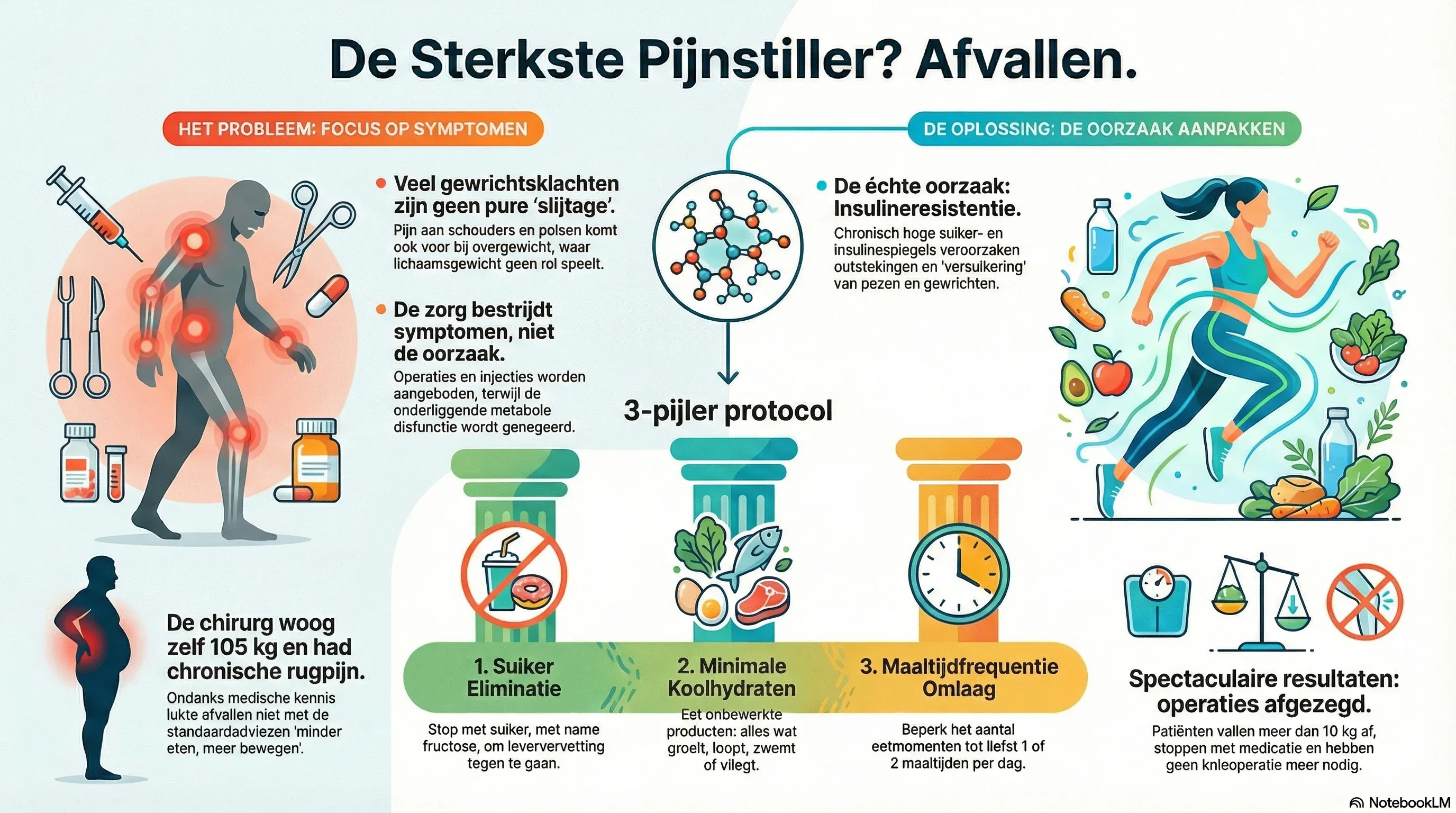 De sterkste pijnstiller? Afvallen - Infographic over het 3-pijler protocol van Wouter van Wijhe