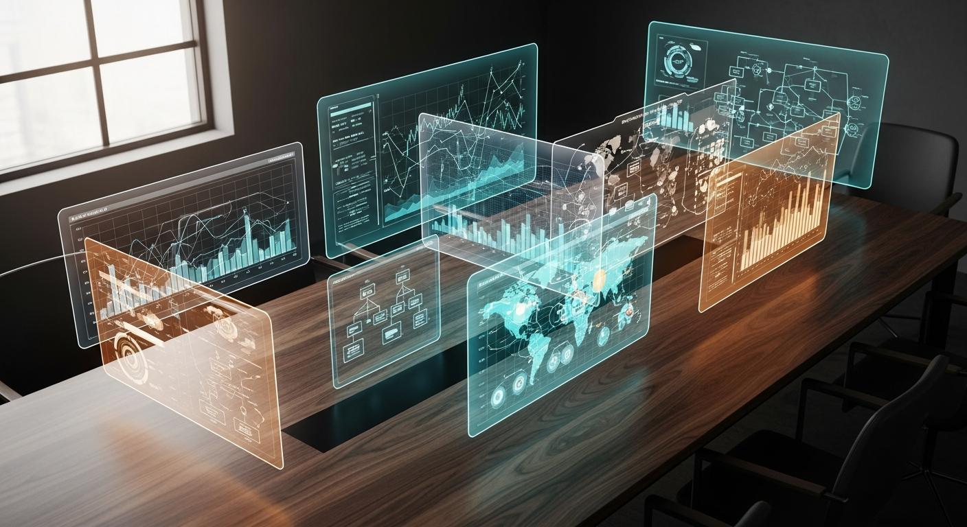 Meerdere holografische dashboards boven een boardroom tafel — het idee achter BrainBoard