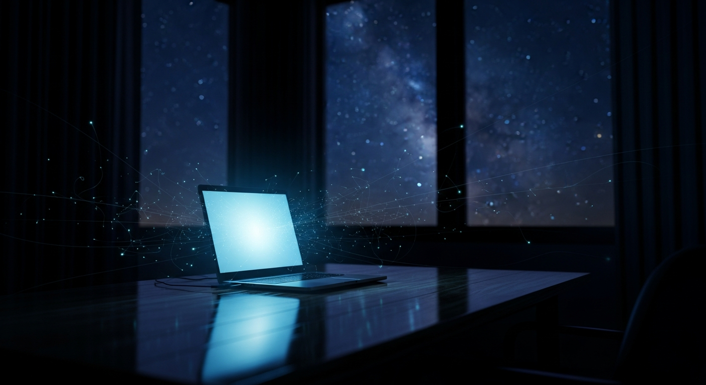 Een laptop die gloeit in een donkere kamer, de Melkweg zichtbaar door het raam, subtiele lichtdraden die oplossen in de nacht