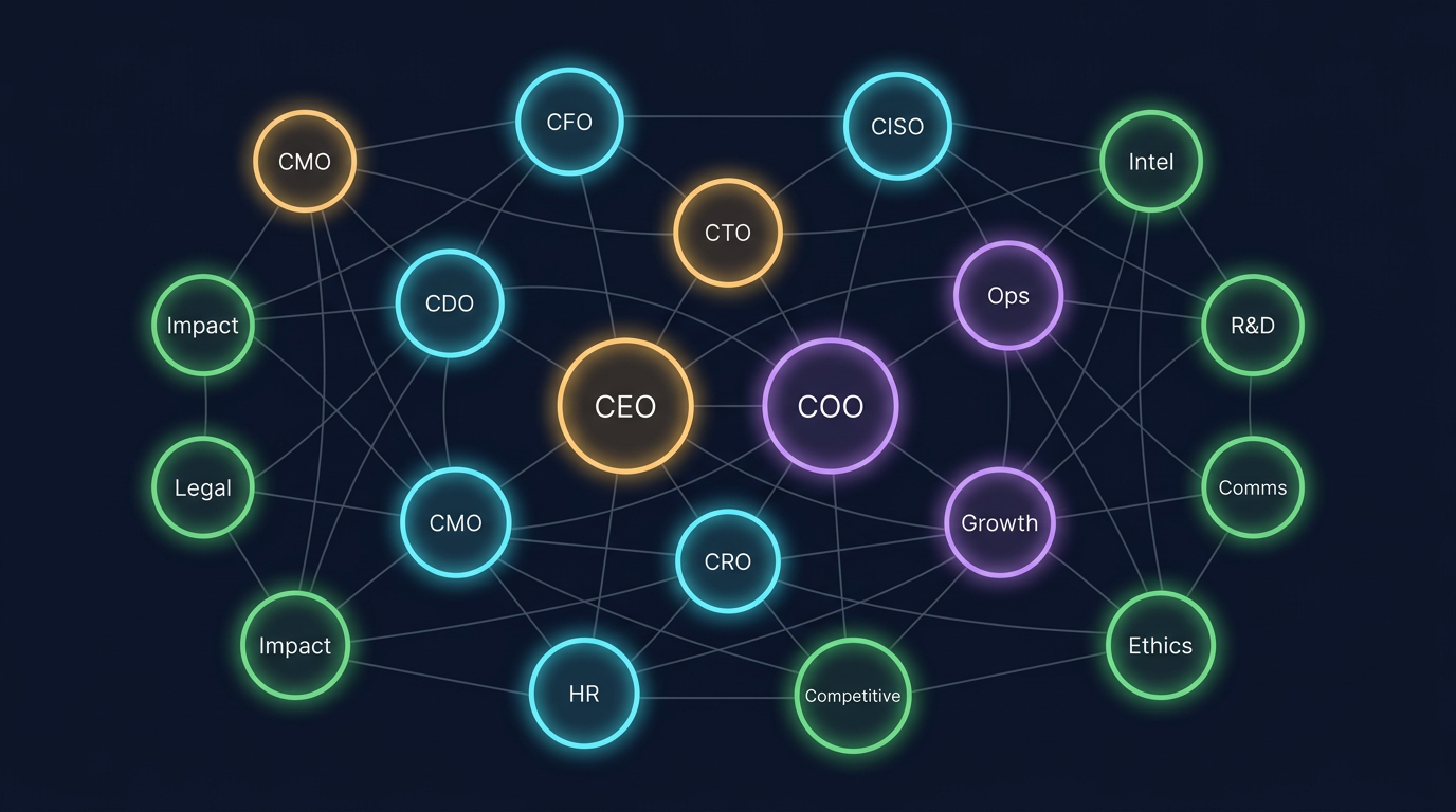 Een schematische weergave van twintig verbonden knooppunten die The Board vormen, met labels als CEO, COO, CTO, CISO, Ethics