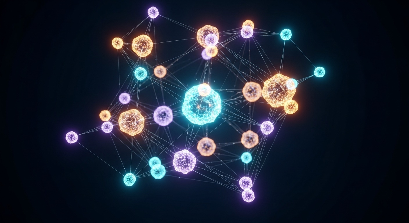 Een schematisch web van lichtgevende knooppunten verbonden door dunne lijnen, zwevend in een donkere ruimte — als een neuraal netwerk of een organigram dat leeft