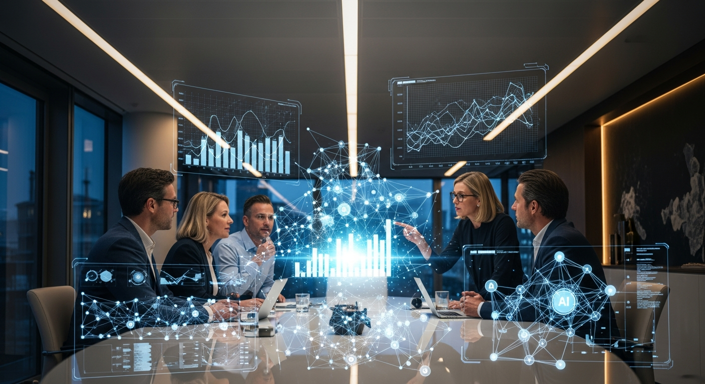 Strategische planningssessie met holografische data-visualisaties — de toekomst van bedrijfsprocessen