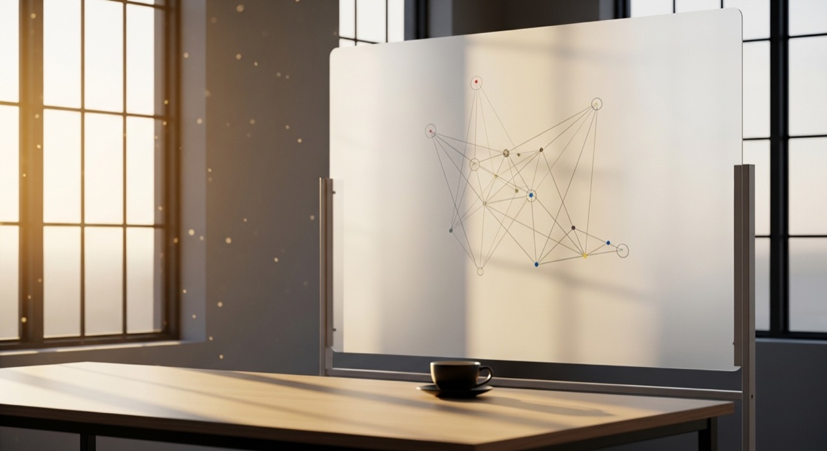 Een whiteboard met een abstract netwerkdiagram in ochtendlicht, een koffiekopje op het bureau