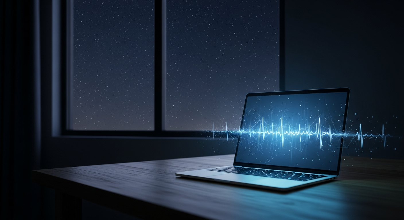 Een laptop in een donkere kamer, het scherm toont een hartslaglijn, sterren zichtbaar door het raam