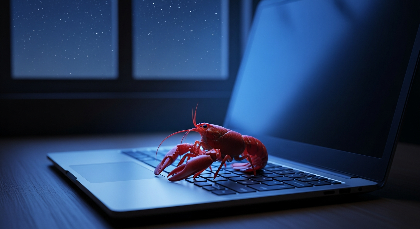 Een rode kreeft op een laptop toetsenbord bij nacht, badend in blauw schermlicht
