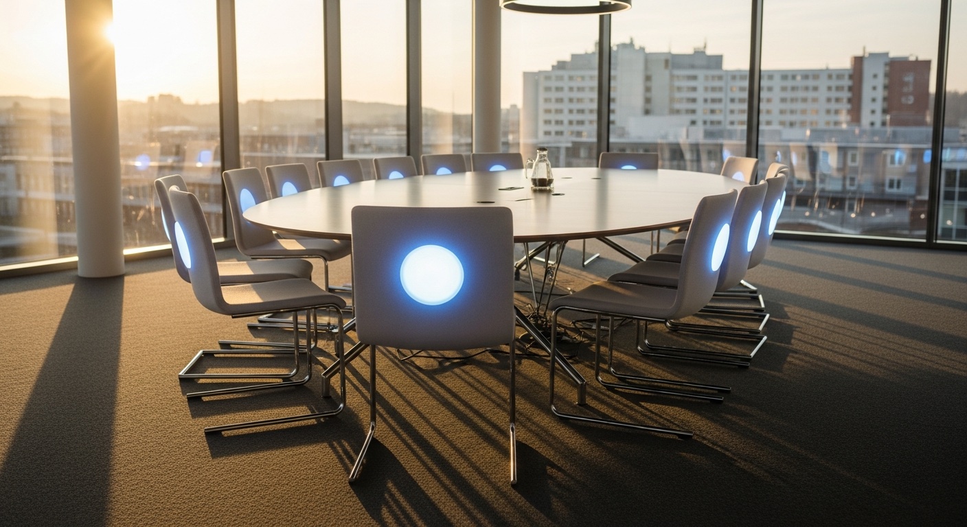 Boardroom met twintig stoelen en holografische gloed — The Board als multi-agent systeem
