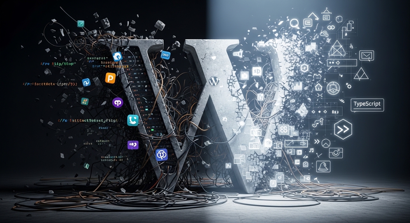 WordPress logo dat oplost in moderne, schone code — het einde van een tijdperk